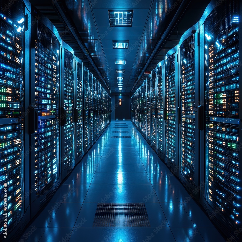 Poster spacious server room featuring multiple rows of computer servers in a high-tech environment