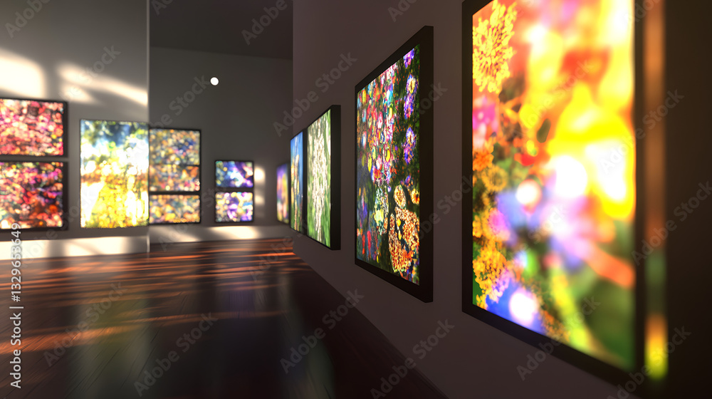 Aufkleber artistic room filled with multiple paintings featuring repeating fractal images creating a dynamic a