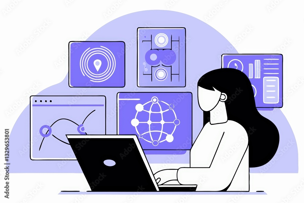 Poster a person interacts with a laptop, surrounded by various digital screens displaying data and analytic