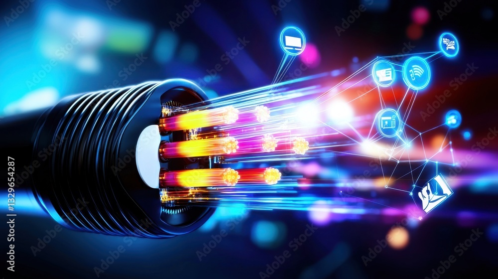 Poster glowing fiber optic cables transmitting high speed digital data and connectivity representing the mo