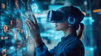 Person wearing a VR headset, interacting with a virtual interface, with floating D icons and holographic elements surrounding them.