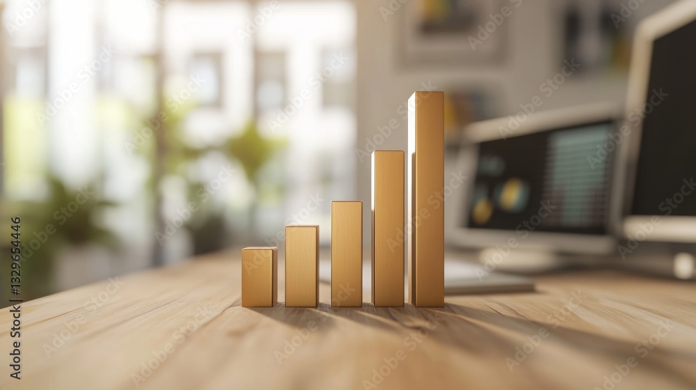 Poster simple d bar chart with smooth rounded edges, placed on a wooden desk with a blurred office backgrou