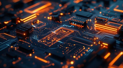 Futuristic Digital Circuit Board with Glowing Quantum