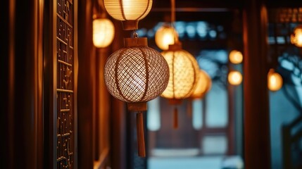 Obraz premium Asian-style lanterns hanging in a corridor