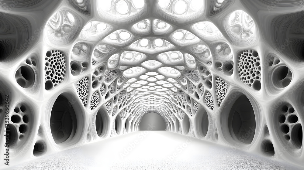 Poster unique tunnel structure with multiple holes and fractal linear patterns creating a compelling visual