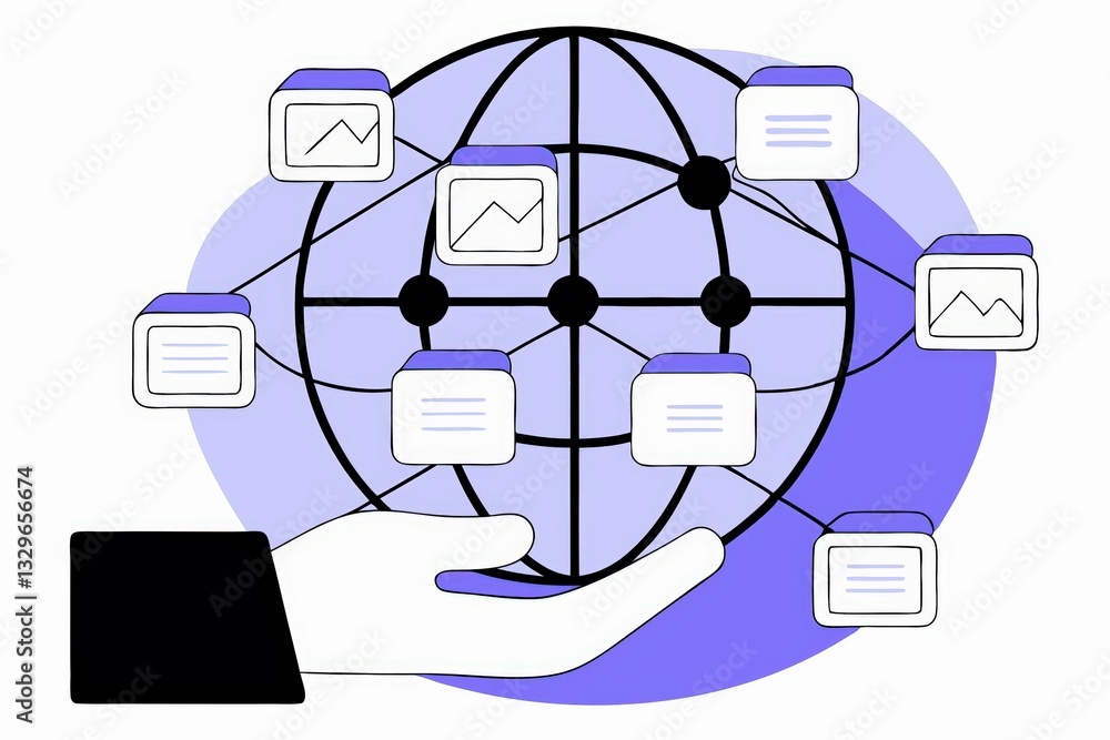 Poster a stylized hand holds a globe with data charts and boxes, representing global connectivity and infor