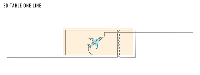 One continuous line drawing of a flight ticket. A travel concept banner. Editable stroke, simple doodle design, vector illustration