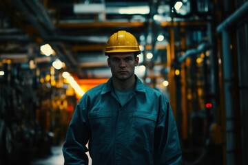 Male Worker in Safety Helmet Inside Industrial Facility at Dusk