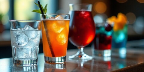 Refreshing iced beverages in various glasses on a bar top