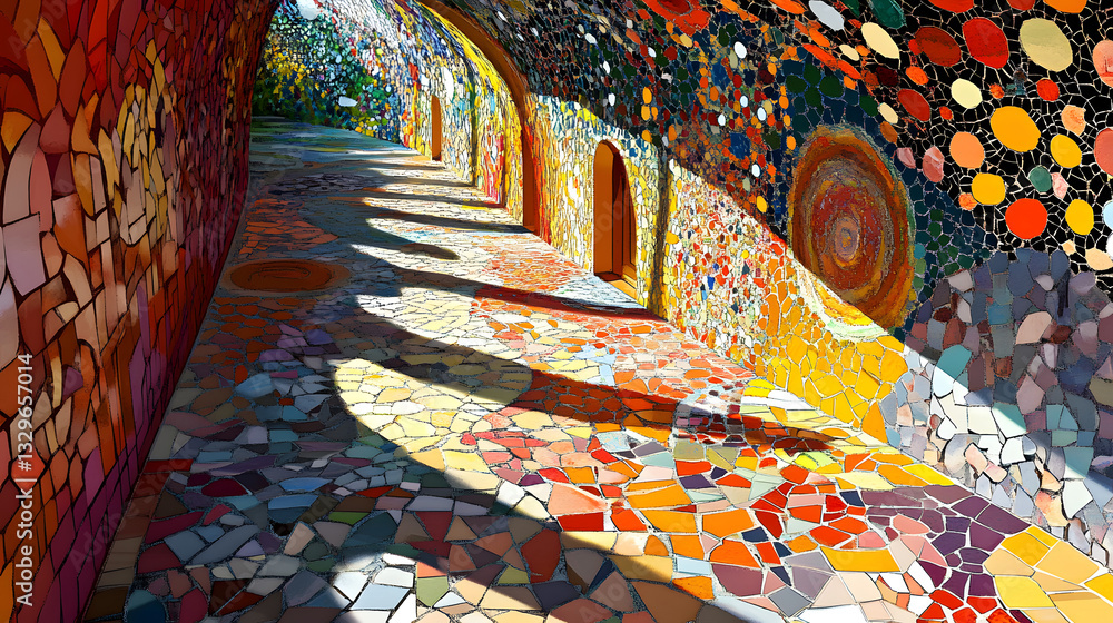 Poster colorful mosaic wall with sunlight filtering through creating a vibrant display of fractal patterns 
