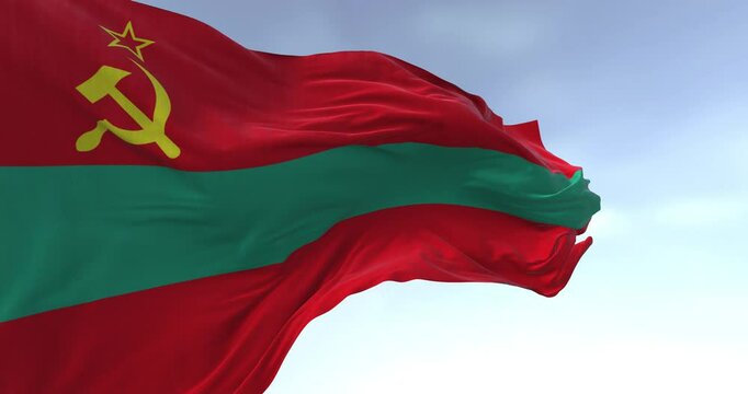 Close-up of the national flag of Transnistria waving in the wind