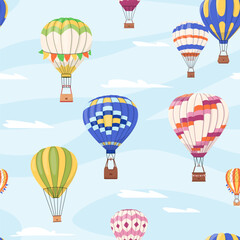Hot air balloons vector seamless pattern Cartoon colorful baloons flying in sky with clouds repeat background Aerial flight adventure festival, show Endless design for print, fabric, textile, wrapping