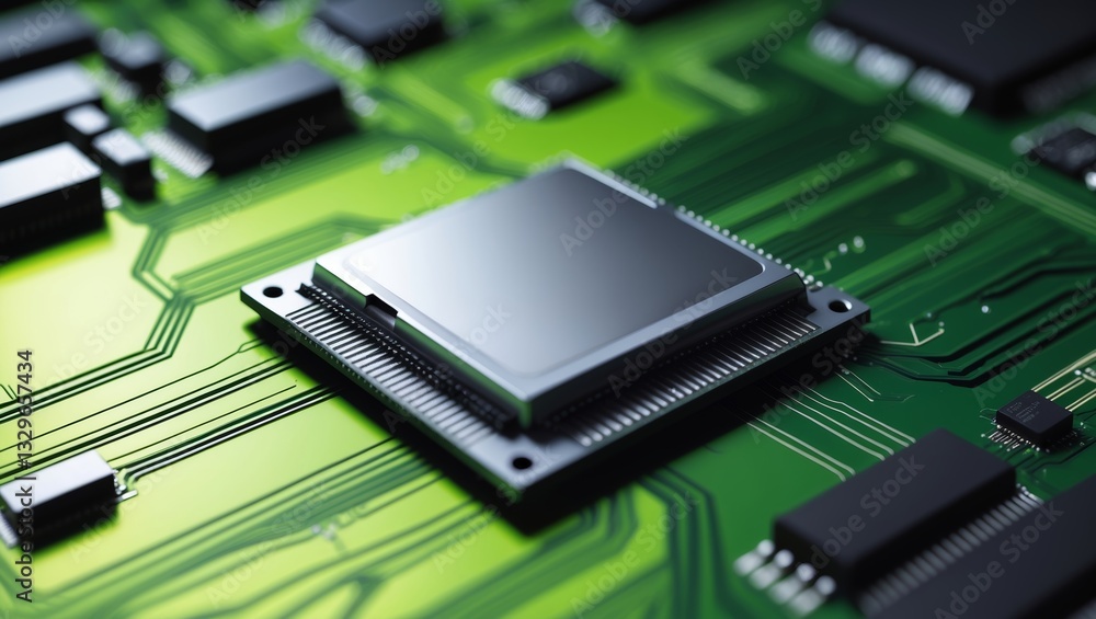 Poster circuit board featuring a microprocessor and intricate electronic components in a vibrant green layo