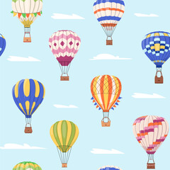 Obraz premium Hot air balloons vector seamless pattern Cartoon colorful baloons flying in sky with clouds repeat background Aerial flight adventure festival, show Endless design for print, fabric, textile, wrapping