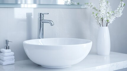 Fototapeta premium Modern Bathroom Serenity: Sleek Sink, Chrome Faucet, and White Blooms