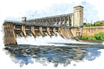 Detailed Illustration of a Water Dam with Flowing Water Cascade