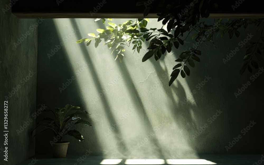 Poster Sunbeams illuminate a gray wall through a window creating visible dust motes with plants in pots casting shadows