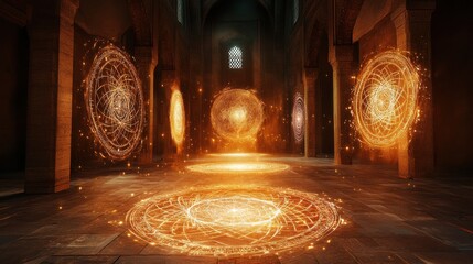 Obraz premium A hypnotic display of sacred geometry, floating calligraphic designs glowing in a cosmic mosque ambiance