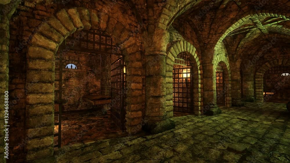 Poster 3D animation inside a medieval dungeon prison cell with burning torch and candles.