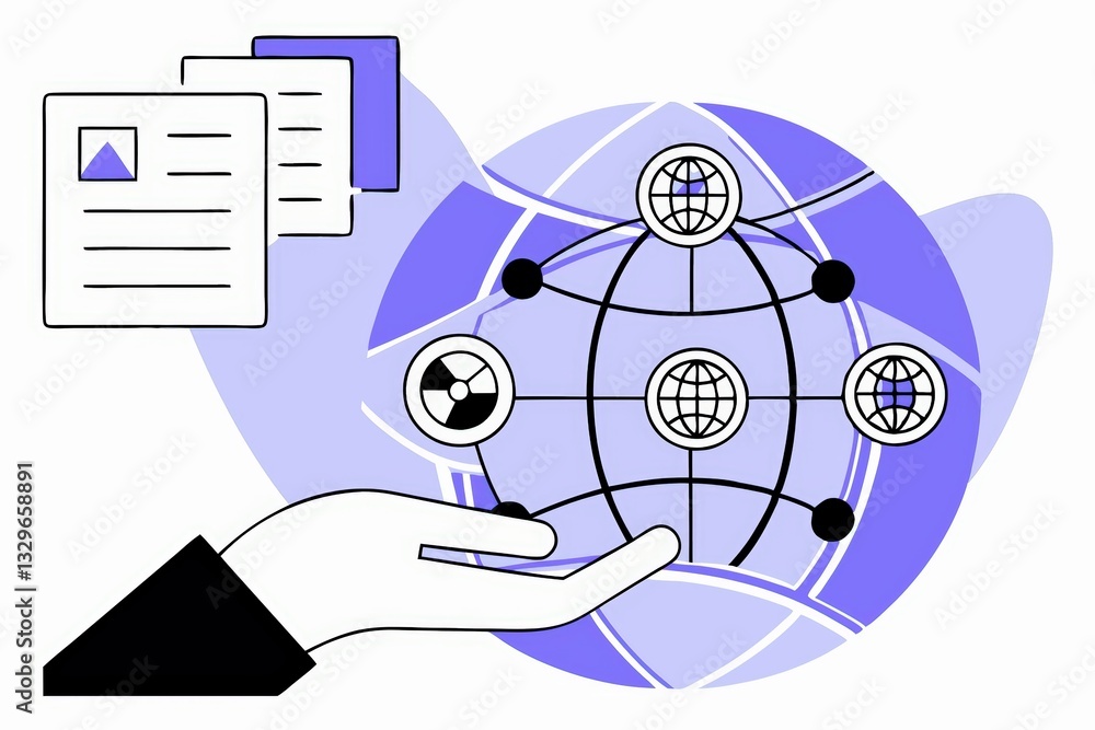 Poster a hand holds a stylized representation of a digital network, featuring interconnected globes and dat