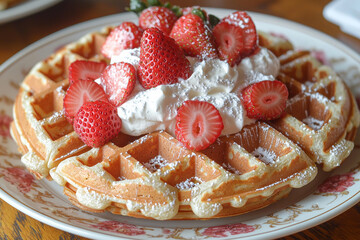 Waffles with strawberries and cream in a classic, elegant brunch spot
