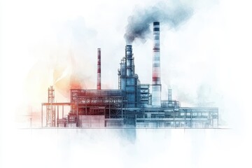 Obraz premium Industrial Complex with Smoke Emissions and Towers in Gray Tones