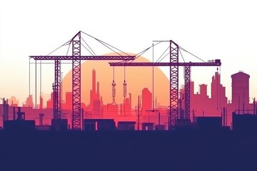 Urban Skyline Construction at Sunset with Cranes and Buildings