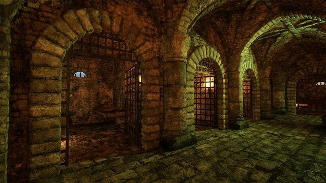 3D animation inside a medieval dungeon prison cell with burning torch and candles.