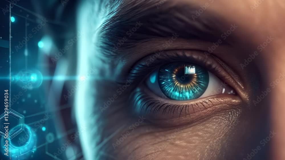 Poster big data analytics scalable concept. close-up of a human eye with digital elements, reflecting techn