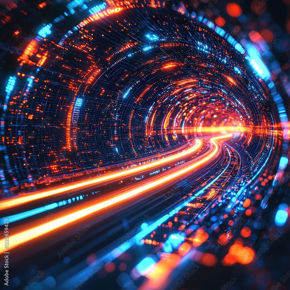 Poster neon light tunnel creating a vibrant and colorful pathway with eye-catching illuminated effects