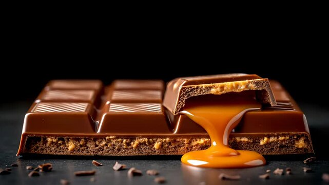 Chocolate bar mockup concept. Delicious chocolate bar with flowing caramel on a dark background.