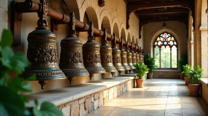 Obraz premium Ornate Bells Adorn Ancient Hallway with Sunlight Streaming Through Stained Glass Window