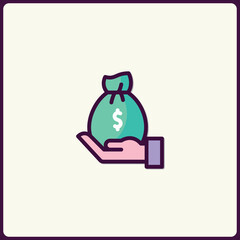 Icon depicting financial support with a hand holding a money bag graphic