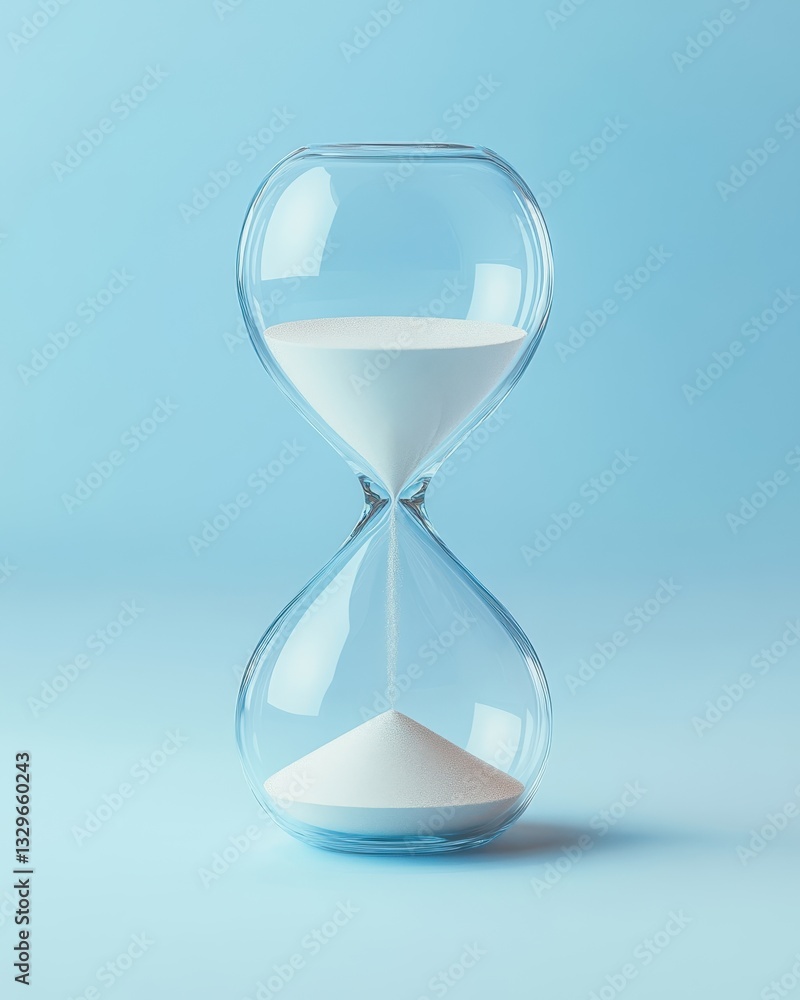 Poster modern minimalist hourglass floating in abstract space with flowing sand and soft blue gradient back