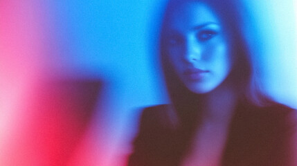 Mysterious Blurred Portrait of a Woman in Blue and Red Tones – Conceptual Business Identity, Innovation, and Cybersecurity Theme