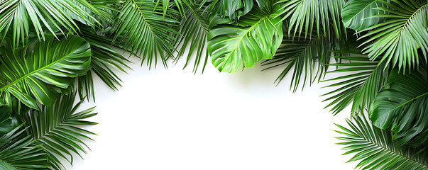 Lush vibrant green tropical leaves frame a bright white background creating a natural border and inviting fresh aesthetic.