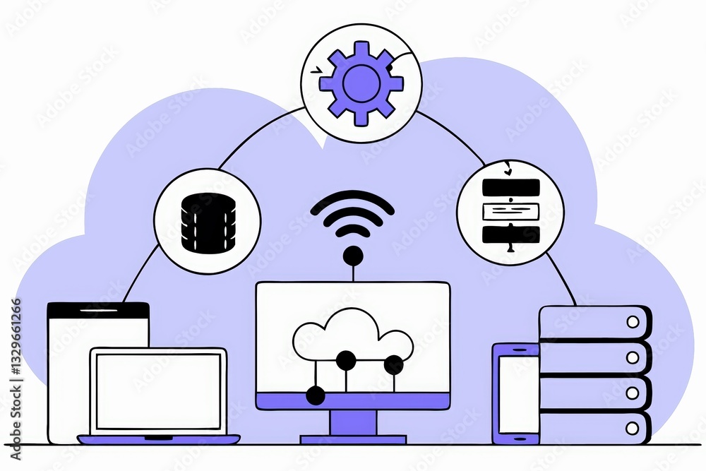 Poster a digital illustration depicting cloud computing with devices connected to a central cloud, showcasi