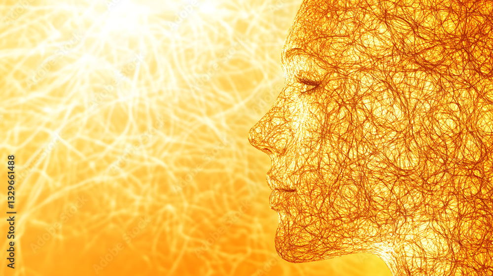 Poster a woman's face set against a yellow background displaying fractal portrait art in a dark studio lit 