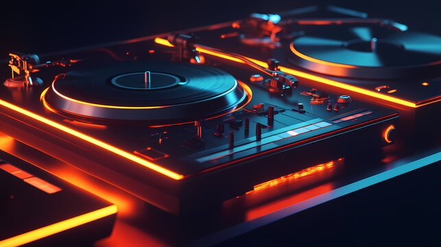 A simple geometric design of a dual-turntable setup with glowing highlights, emphasizing symmetry and style. Glowing Symmetry. Illustration