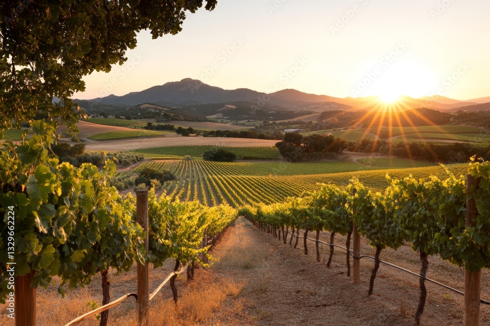 Poster sunrise over vineyard fields with lush grapes and rolling hills in the background