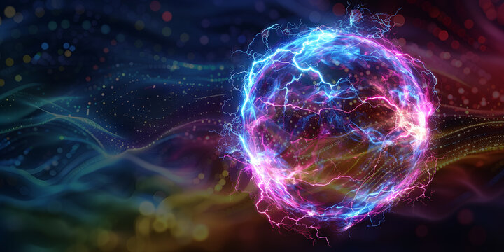 Surreal energy orb healing theme template - ideal for a quantum energy healing or paranormal concept a pink and blue energy ball on a muted multicoloured dark energy background with copy space
