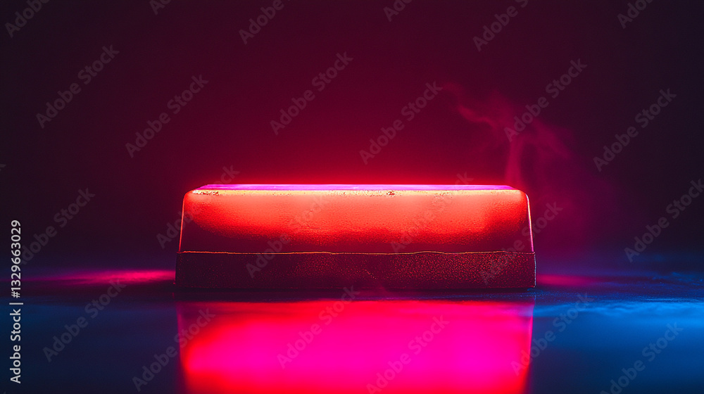 Poster abstract red and pink neon glowing block on dark background with smoke art light color style image
