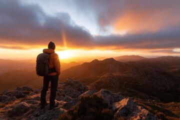 Hiker enjoying a breathtaking sunset over mountain ranges in a tranquil rural landscape