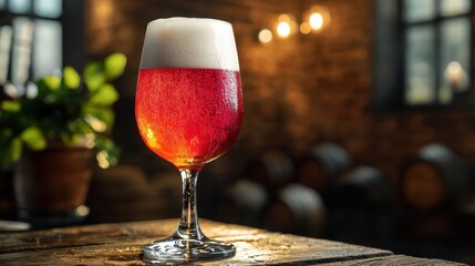 Refreshing glass of beer resting on a table highlighting the craft of barrel-aged sour beer in captivating detail