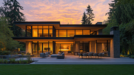 Modern Luxury Home with Spacious Patio at Sunset, Embracing Golden Hour Warmth and Elegance