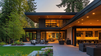 Modern Luxury Home with Spacious Patio at Sunset, Embracing Golden Hour Warmth and Elegance