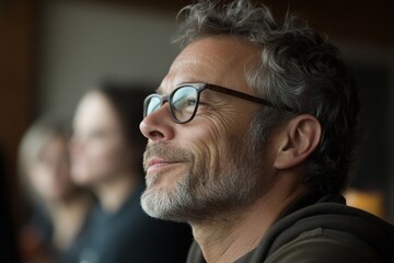 Obraz premium Person with glasses looking thoughtfully during a discussion in a cozy indoor setting on a quiet afternoon
