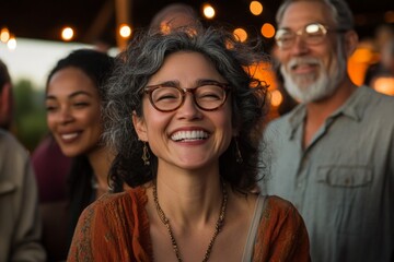 Obraz premium Joyful gathering at an outdoor event bringing friends together in a warm and inviting atmosphere in evening light