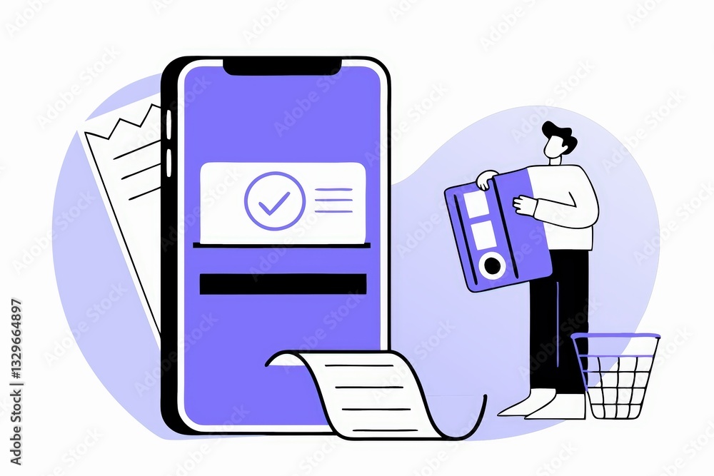 Poster a minimalist illustration showing a person organizing documents digitally using a smartphone and a b