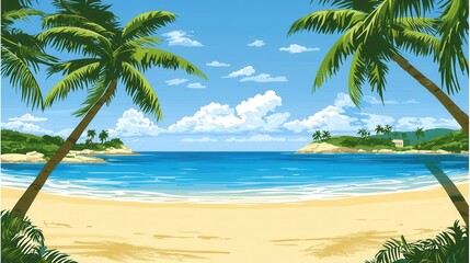 Fototapeta premium Idyllic Tropical Beach Scene Palm Trees Ocean and Sandy Shore